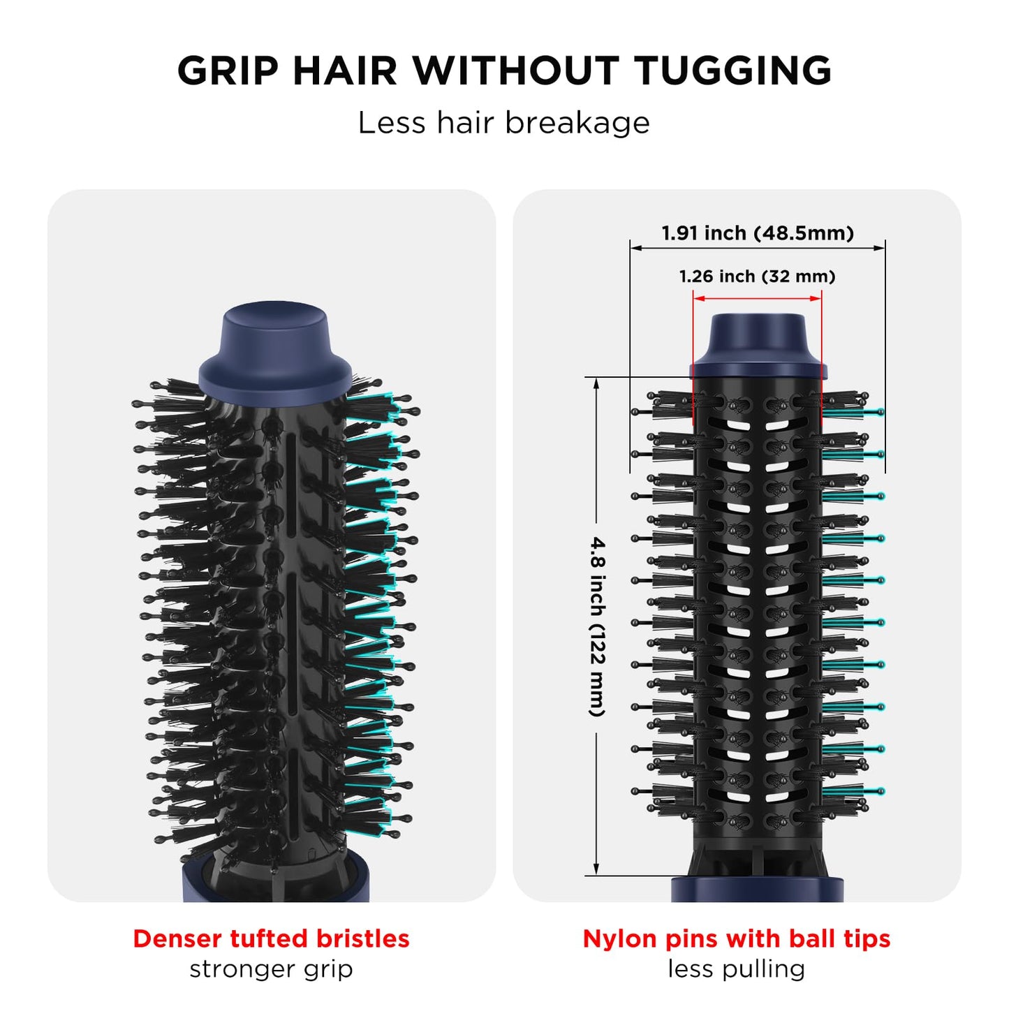 Aima Beauty blow dryer brush showing the ergonomic handle design and tangle free swivel cord connection.
