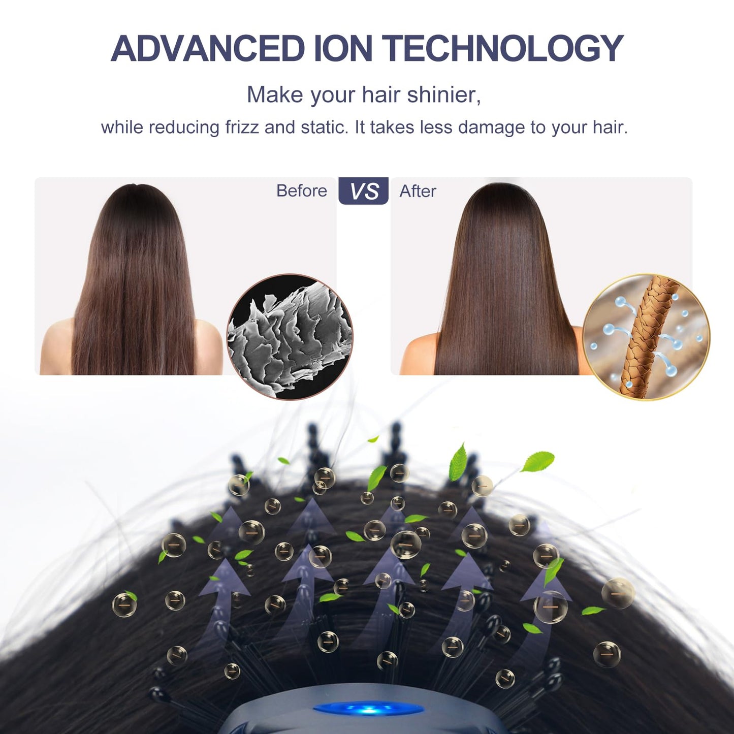 Aima Beauty ionic hair styling brush angle view emphasizing the top cooling tip for two handed operation.