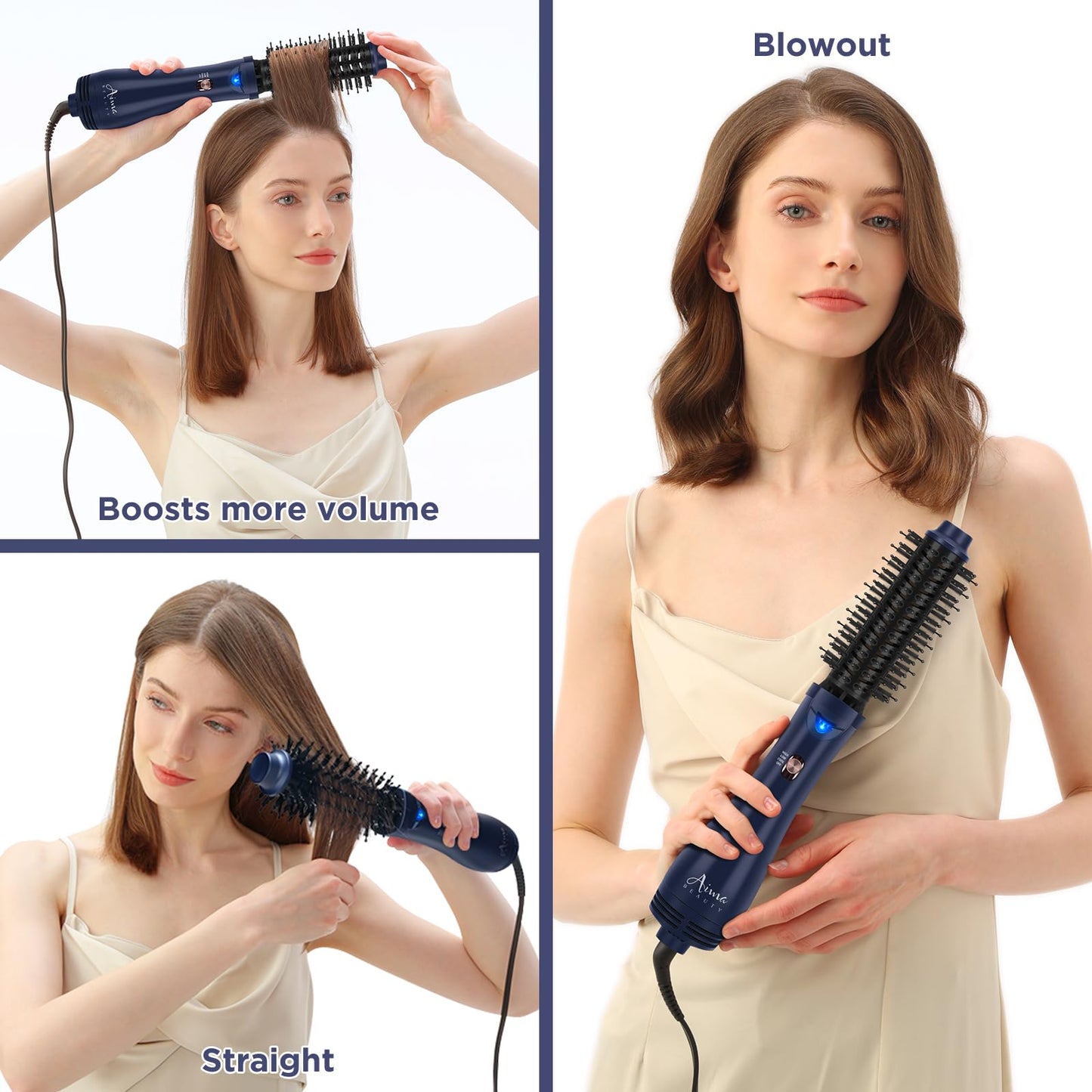 Aima Beauty hair volumizer top angle view highlighting the airflow vents surrounding the ceramic barrel.