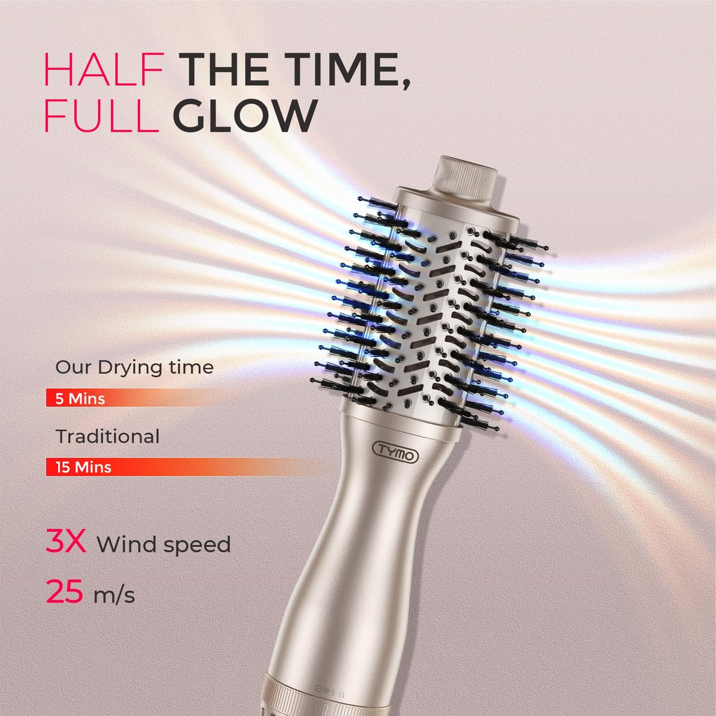 Close up of the three material specialized bristle system on the TYMO hot air volumizer brush
