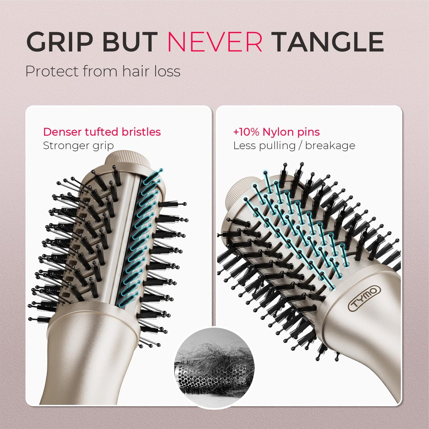 TYMO 2.0 one step blowout brush highlighting the ergonomic lightweight handle and power controls