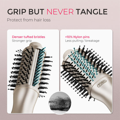 TYMO 2.0 one step blowout brush highlighting the ergonomic lightweight handle and power controls
