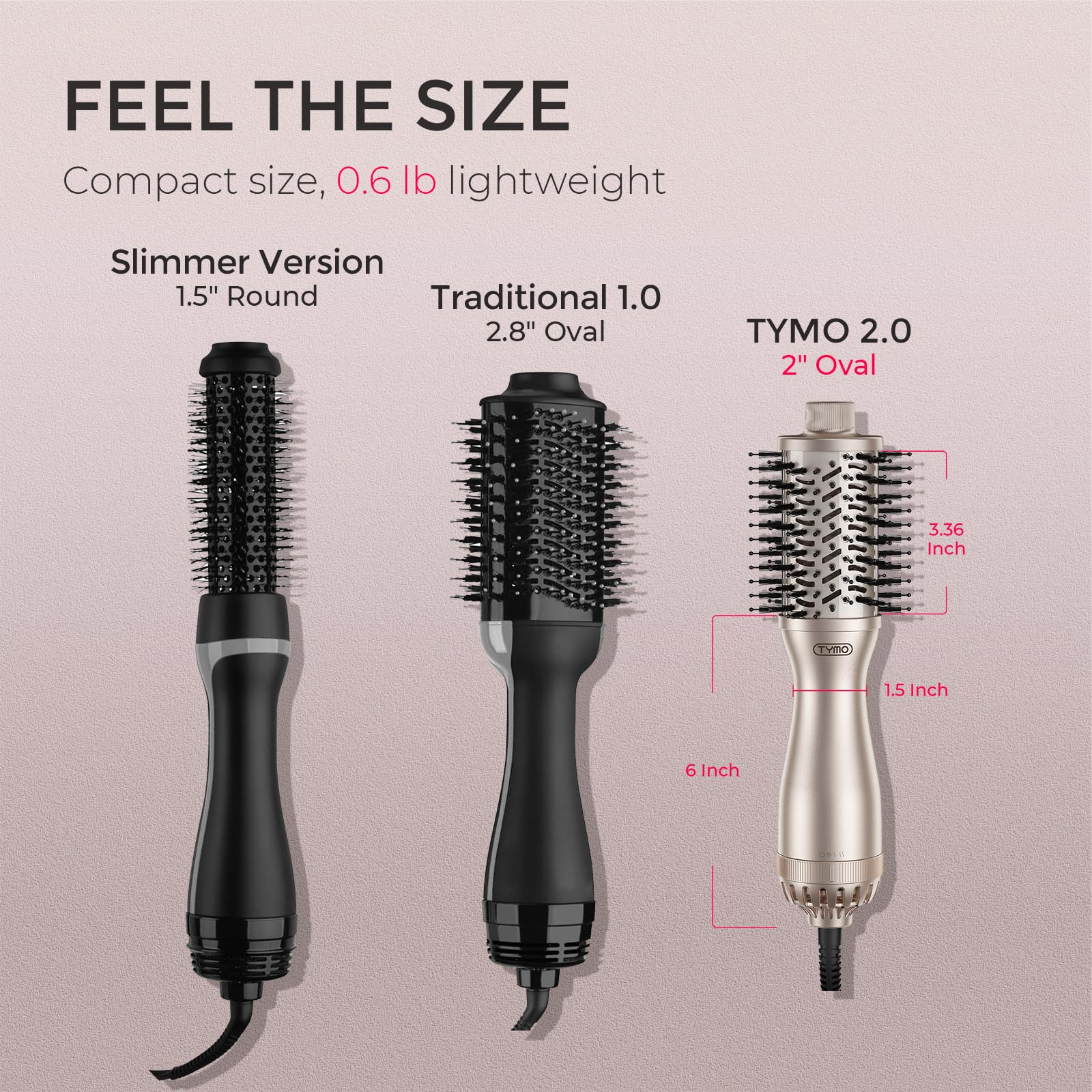 TYMO one step hot air round brush displaying the professional cord attachment and base