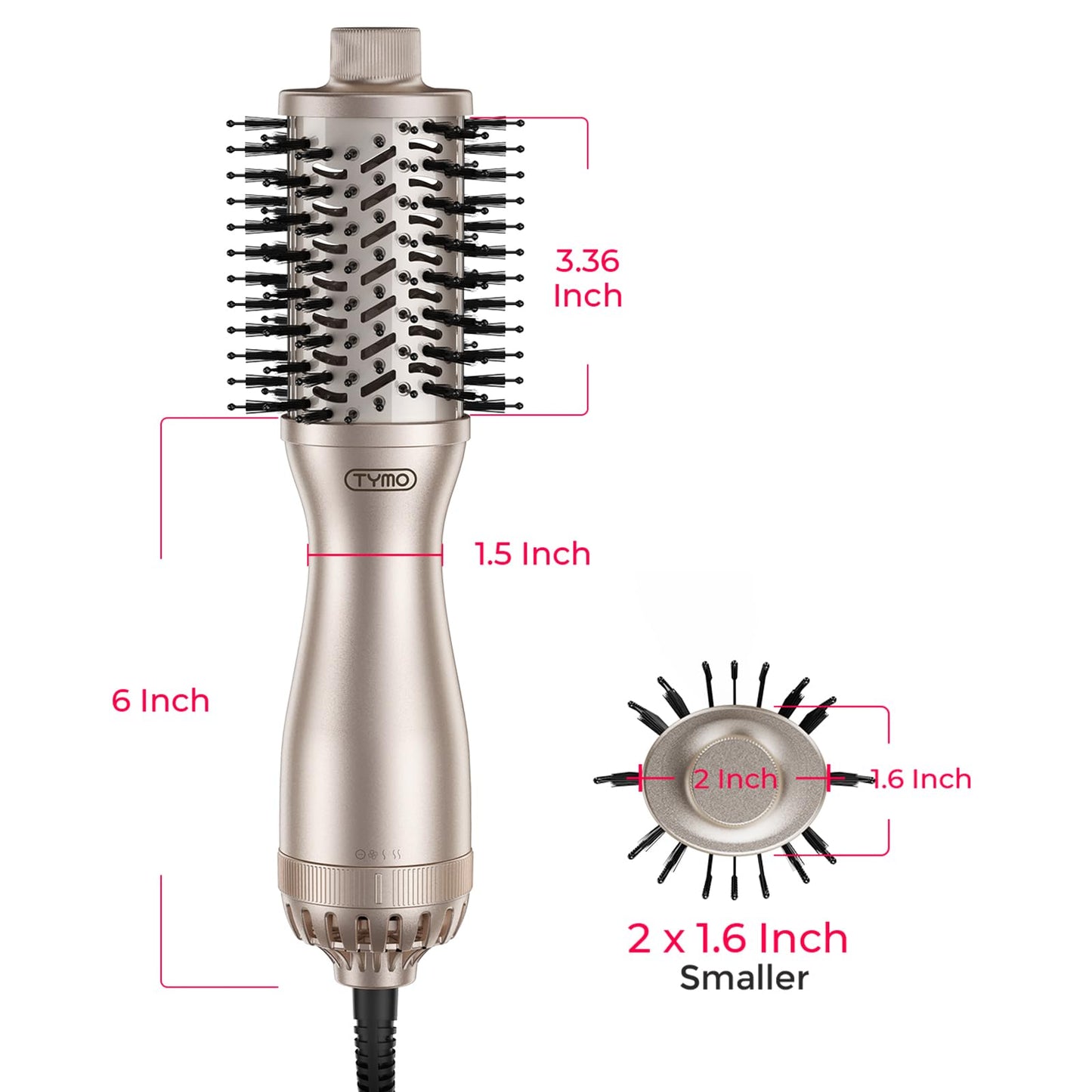 Side profile view of the TYMO volumizer hair dryer brush illustrating the barrel width and sleek profile