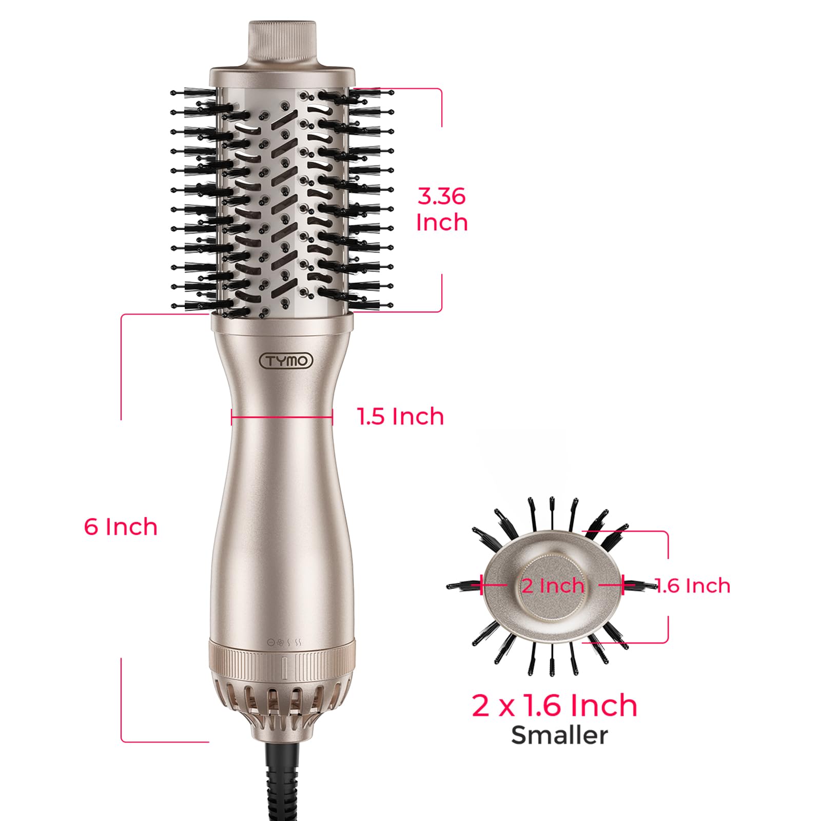 Side profile view of the TYMO volumizer hair dryer brush illustrating the barrel width and sleek profile