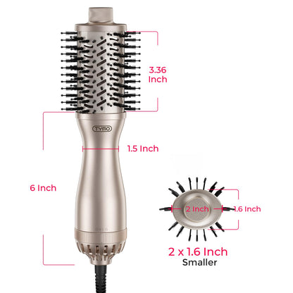 Side profile view of the TYMO volumizer hair dryer brush illustrating the barrel width and sleek profile