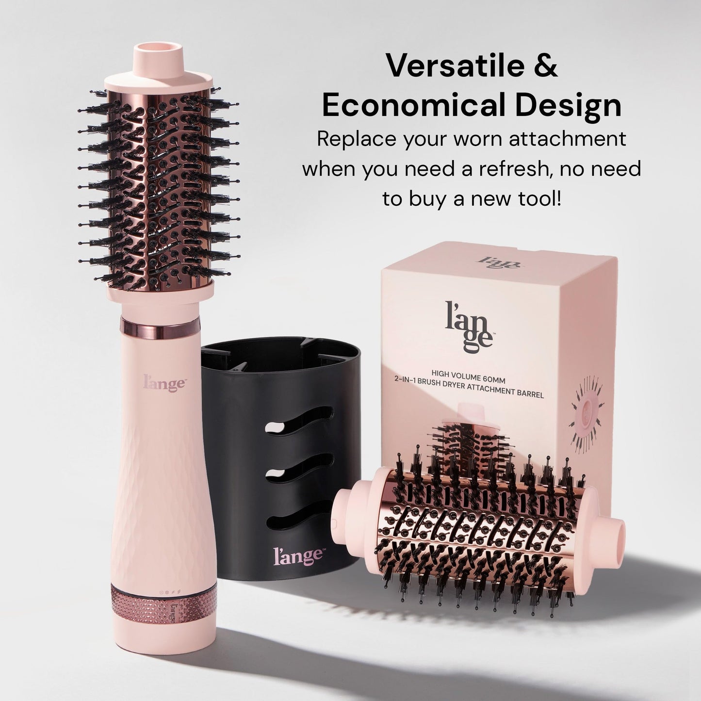 Side angle of the L'ANGE HAIR Multi-Volume series brush showcasing the sleek black interchangeable design.