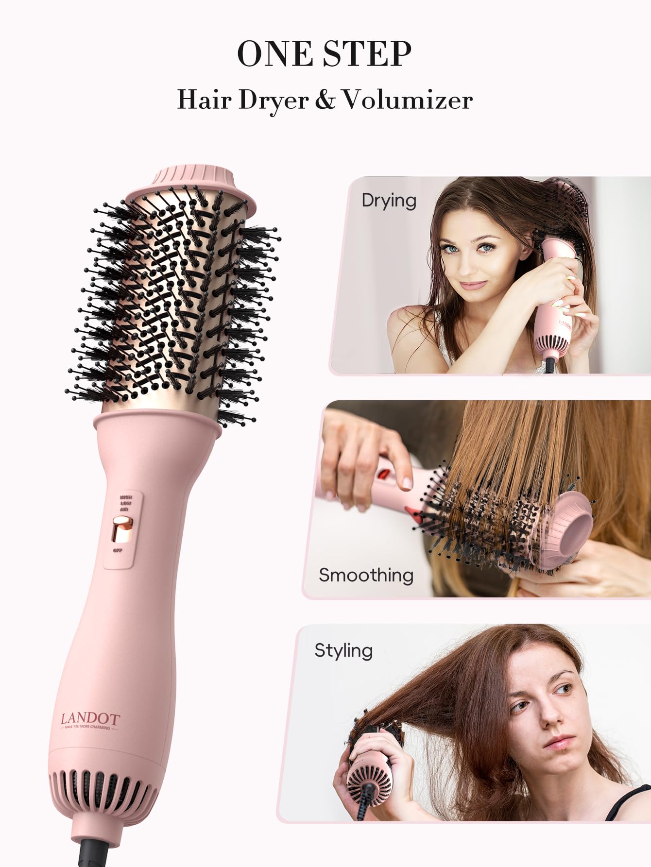 LANDOT hair dryer brush side profile demonstrating its lightweight ergonomic handle design