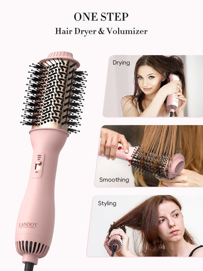 LANDOT hair dryer brush side profile demonstrating its lightweight ergonomic handle design