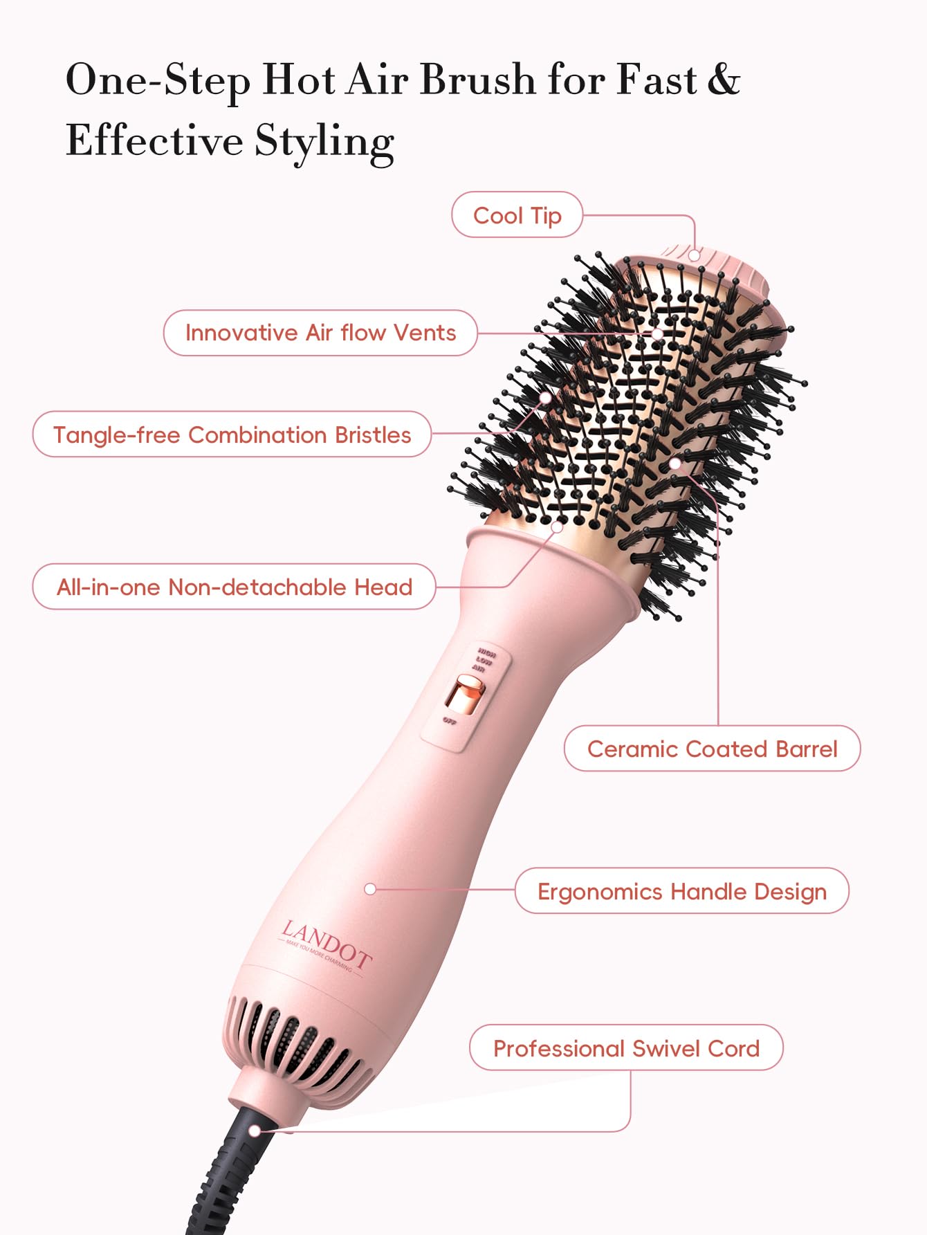 LANDOT professional ionic volumizing brush packaged box layout featuring official branding