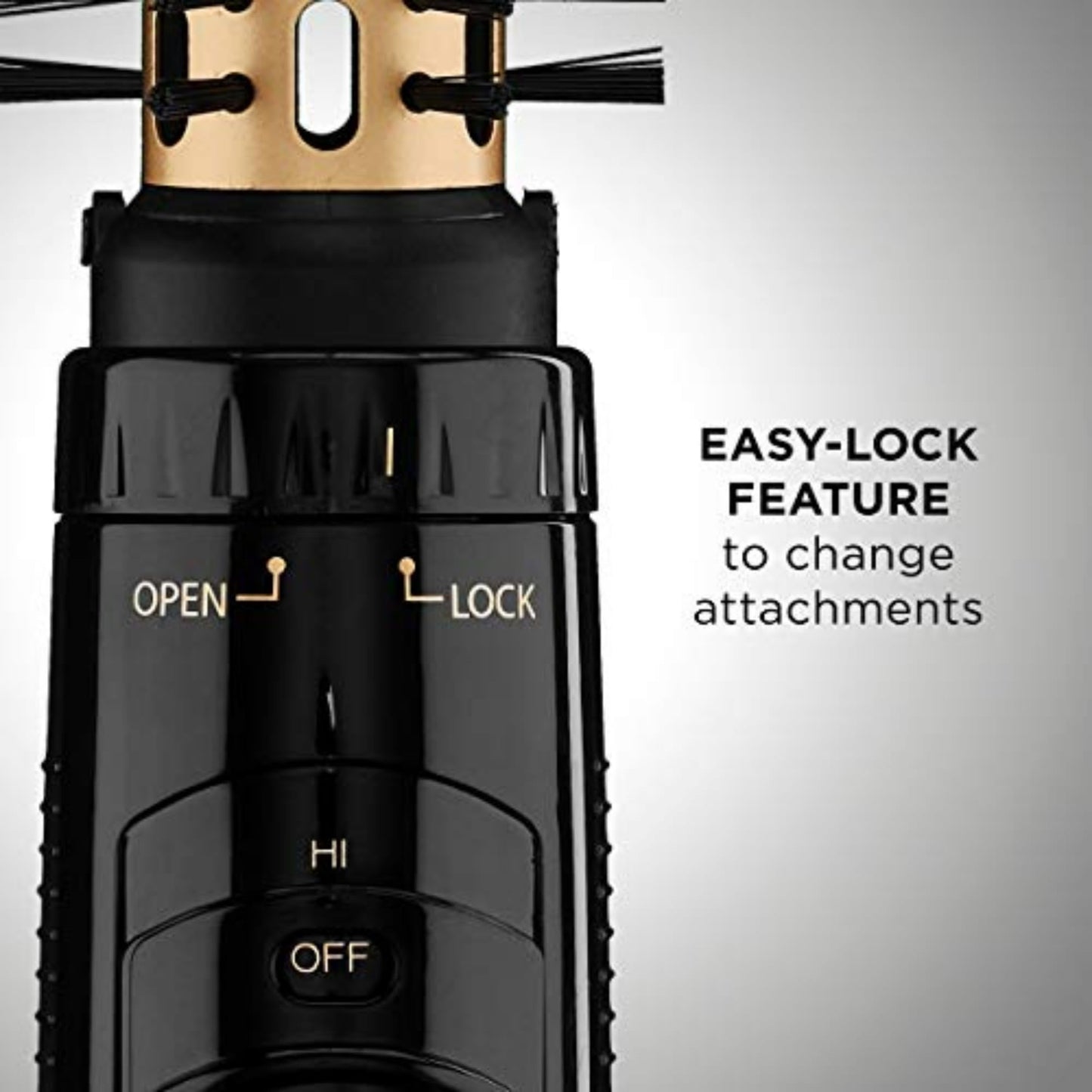 Close-up view of the dual heat settings switch on the handle of the Conair hot air brush