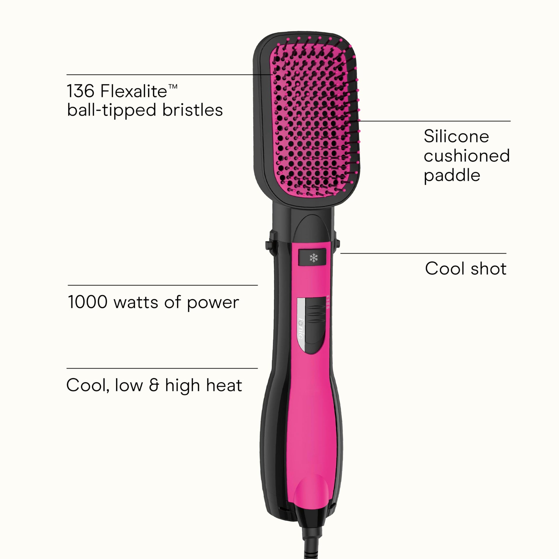 Side angle profile of the imported Conair hot air brush highlighting the ergonomic handle and heat setting controls.