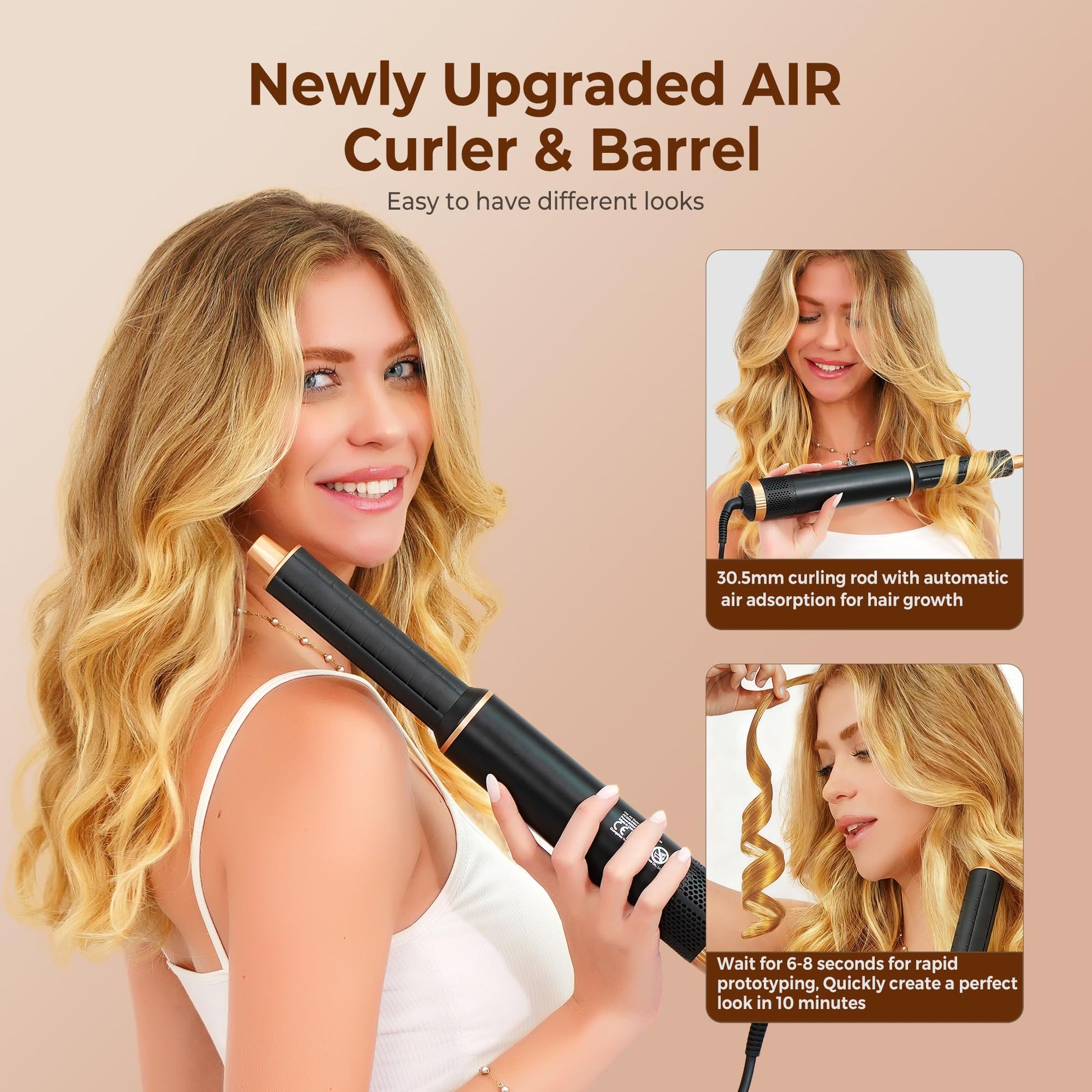 Yitrust air curling wrap styler showing the black and gold handle with temperature control switches.