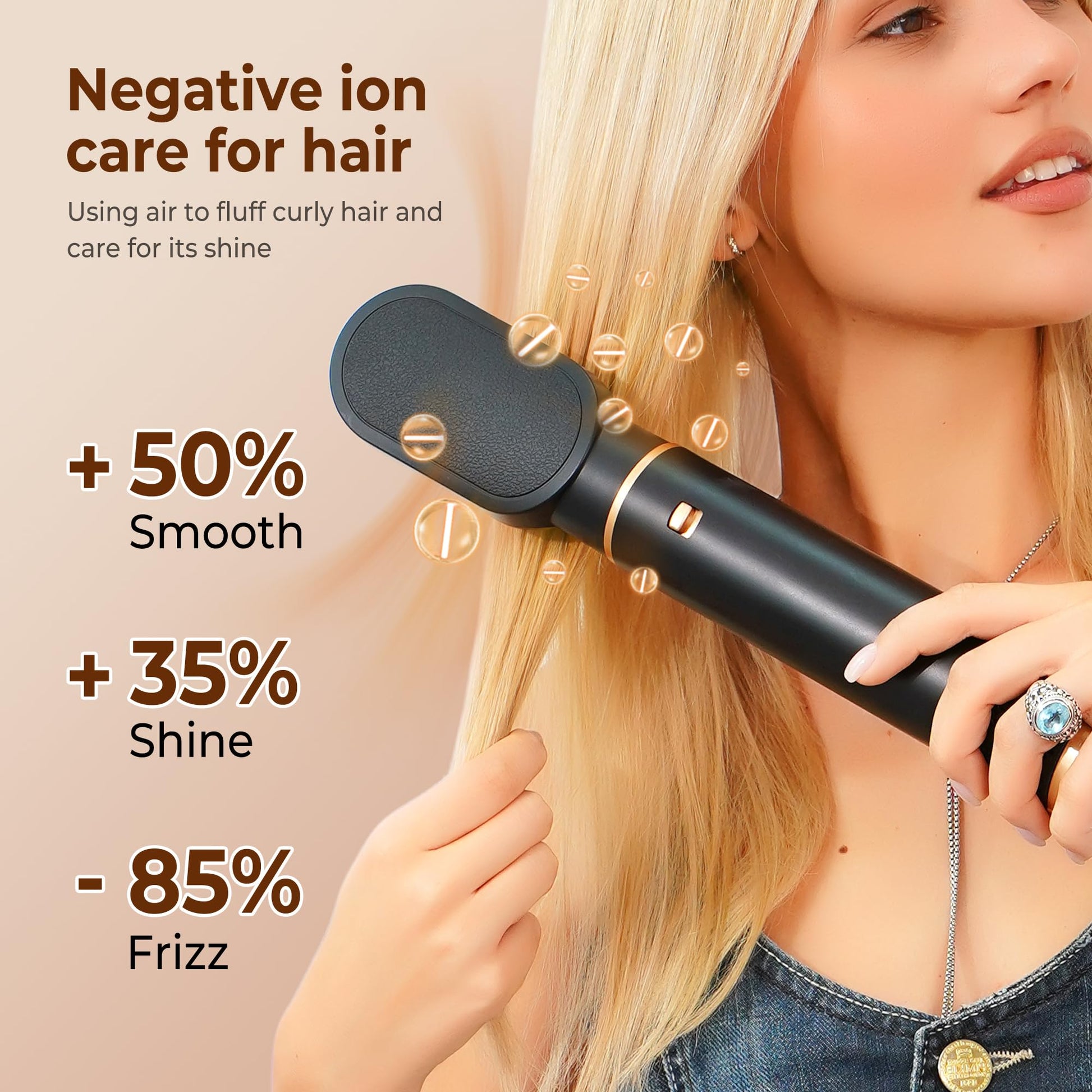Detachable hot air brush attachment with ceramic coating and negative ion technology closeup.