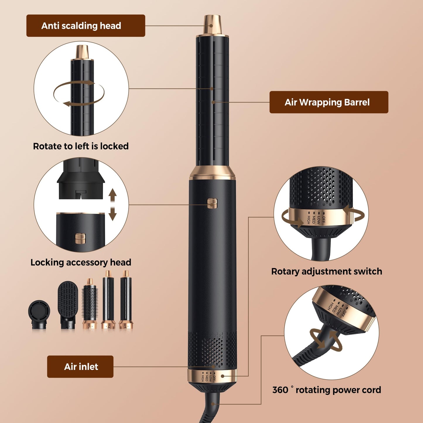 Volumizing round thermal brush attachment designed for creating loose waves and root lift.