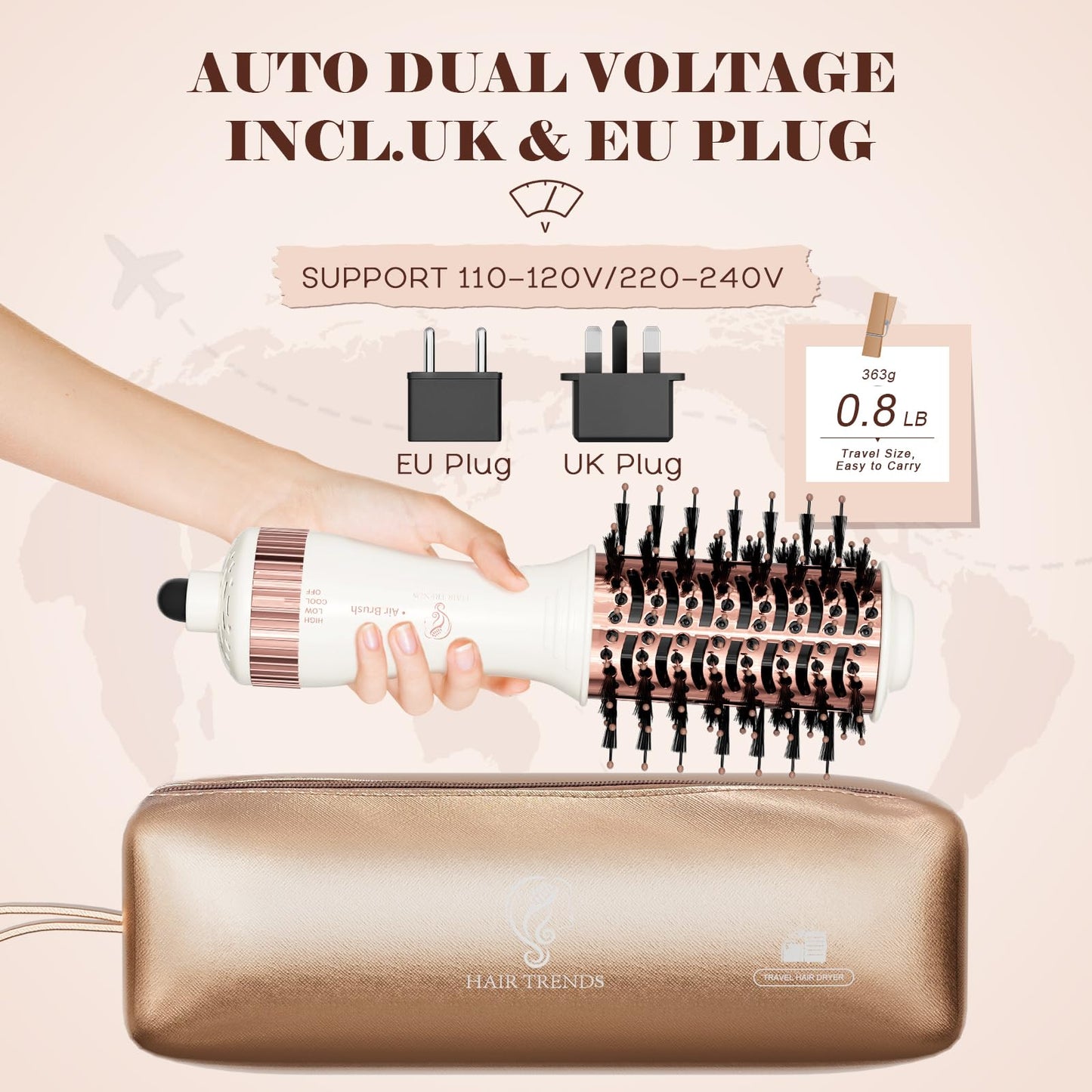 Hair Trends mini hot air brush displaying the two inch nano titanium oval barrel and bristles