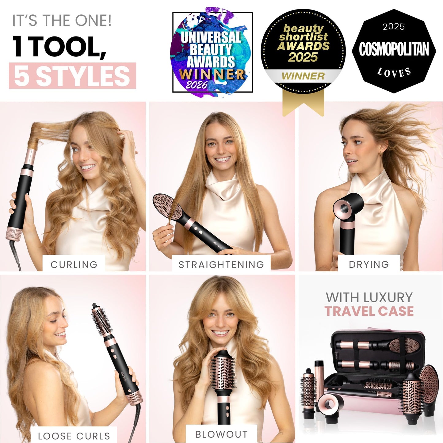 Ella Bella multifunctional hair dryer and straightener set neatly arranged inside its protective travel case