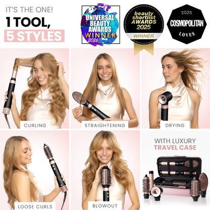 Ella Bella multifunctional hair dryer and straightener set neatly arranged inside its protective travel case
