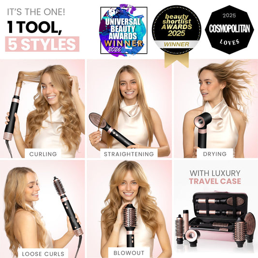 Ella Bella multifunctional hair dryer and straightener set neatly arranged inside its protective travel case