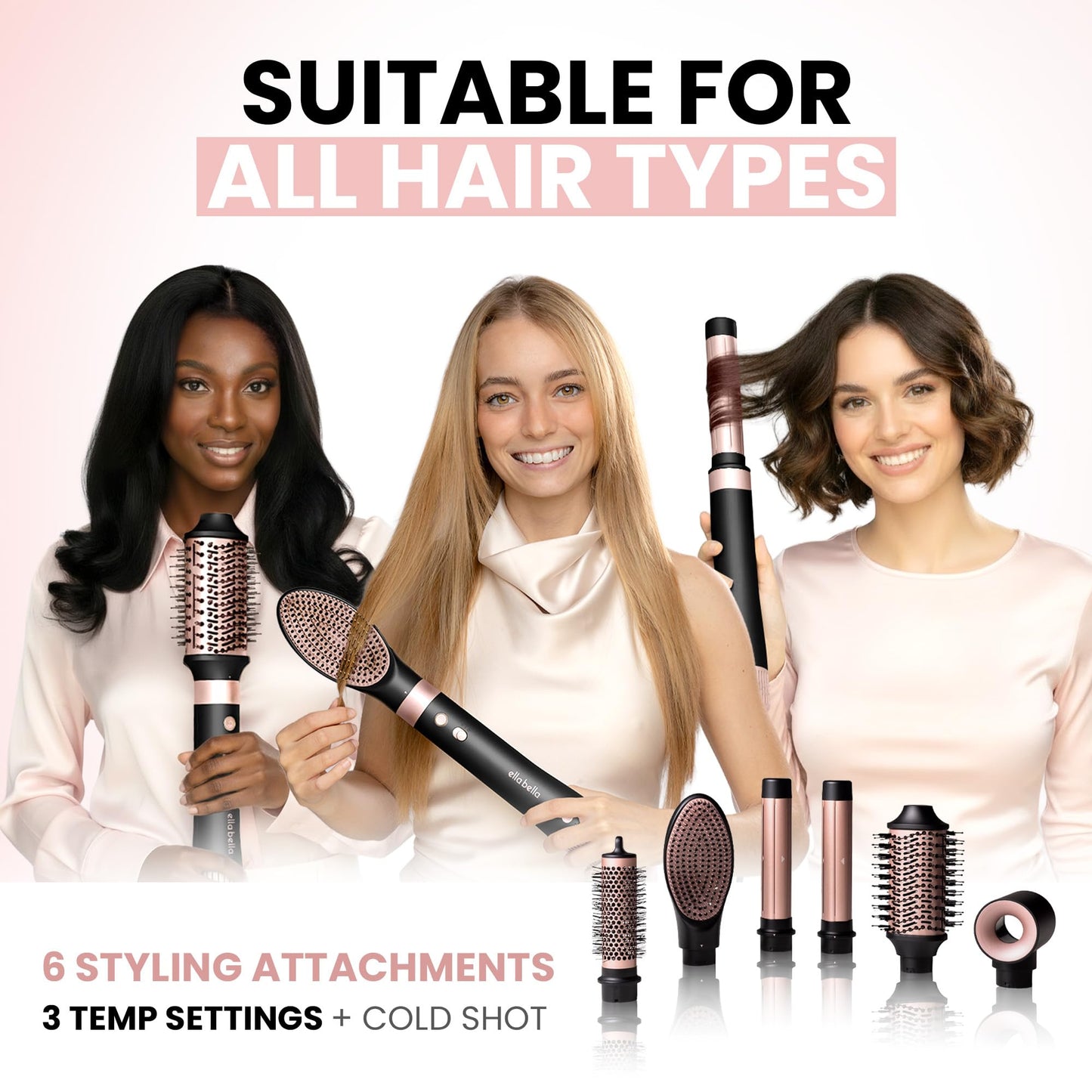 Authentic USA imported Ella Bella hot air styler retail packaging showcasing all six styling tools