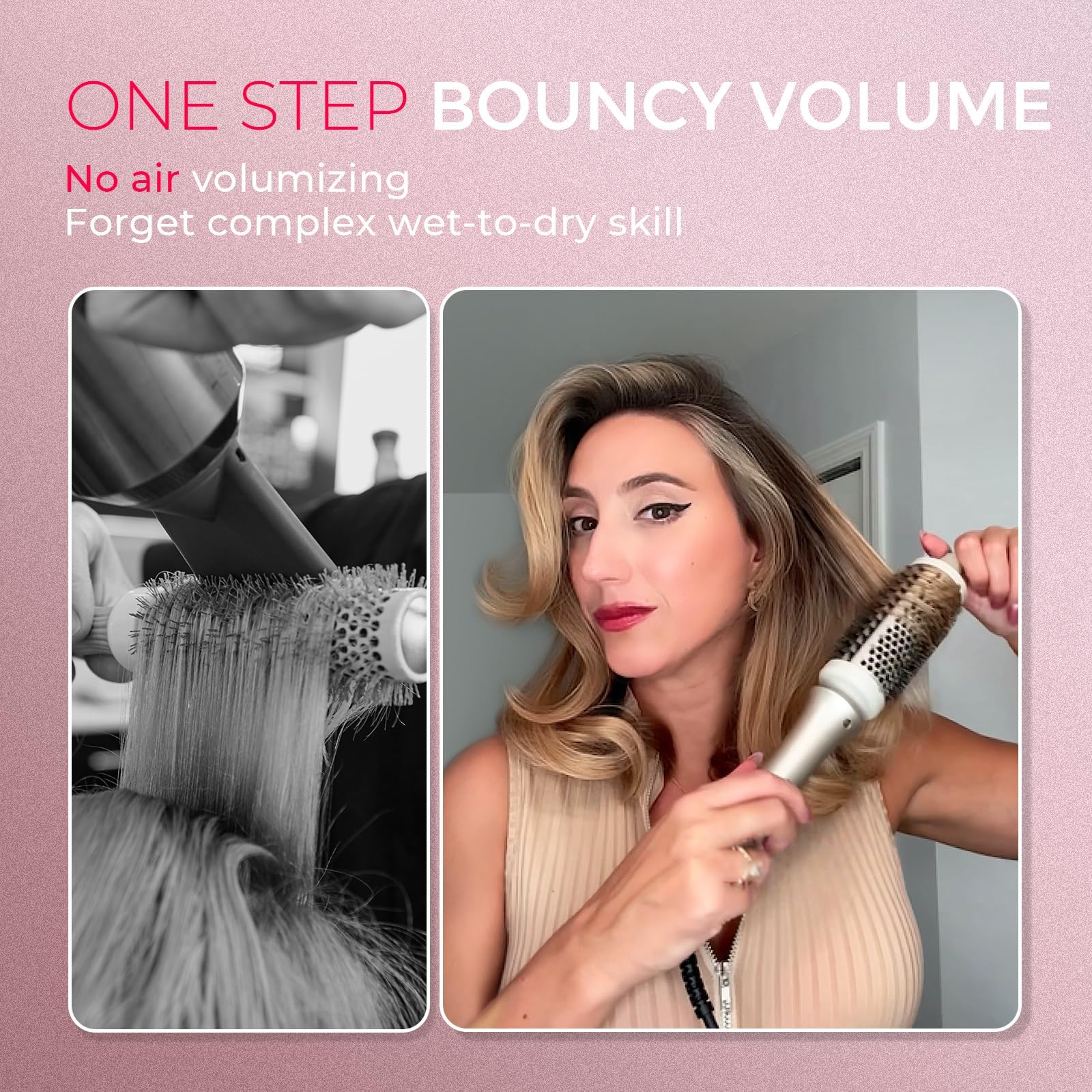 TYMO 2 in 1 heated round styling brush displaying the temperature control buttons and digital handle.