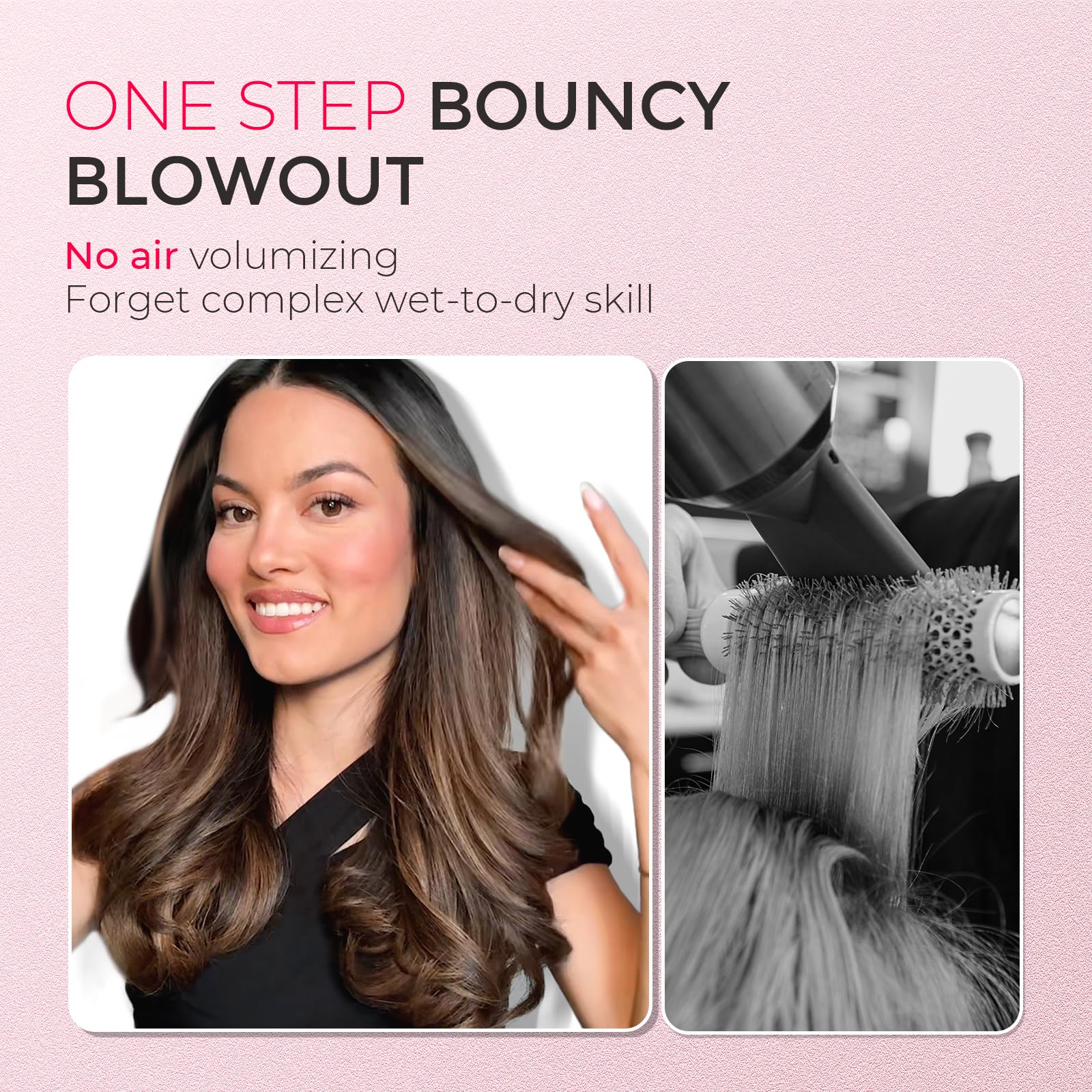 Close up shot of the 1.5 inch heated round curling brush head displaying the staggered bristle design for blowout volume.