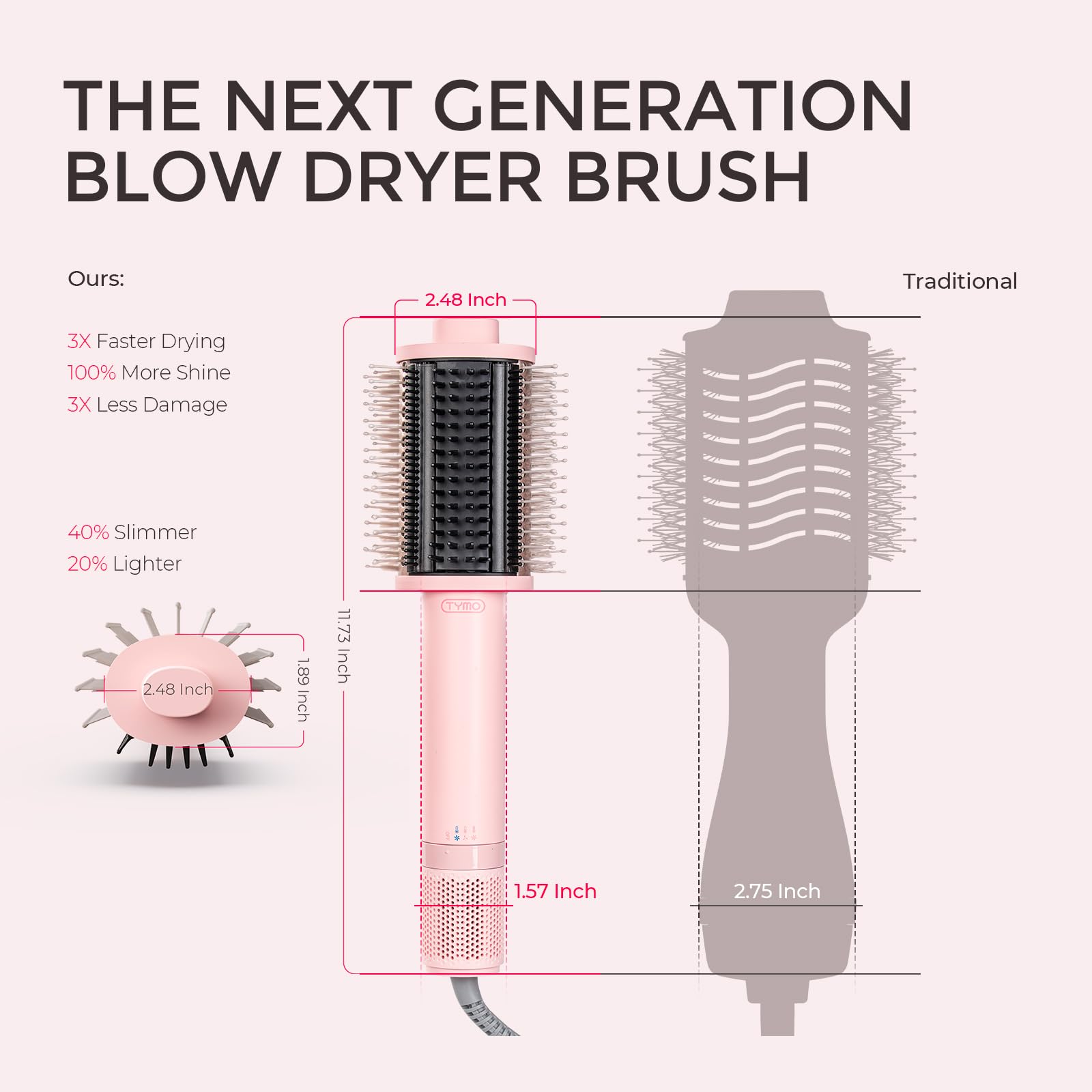 TYMO volumizer brush head showcasing the ceramic tourmaline technology for shine enhancement.