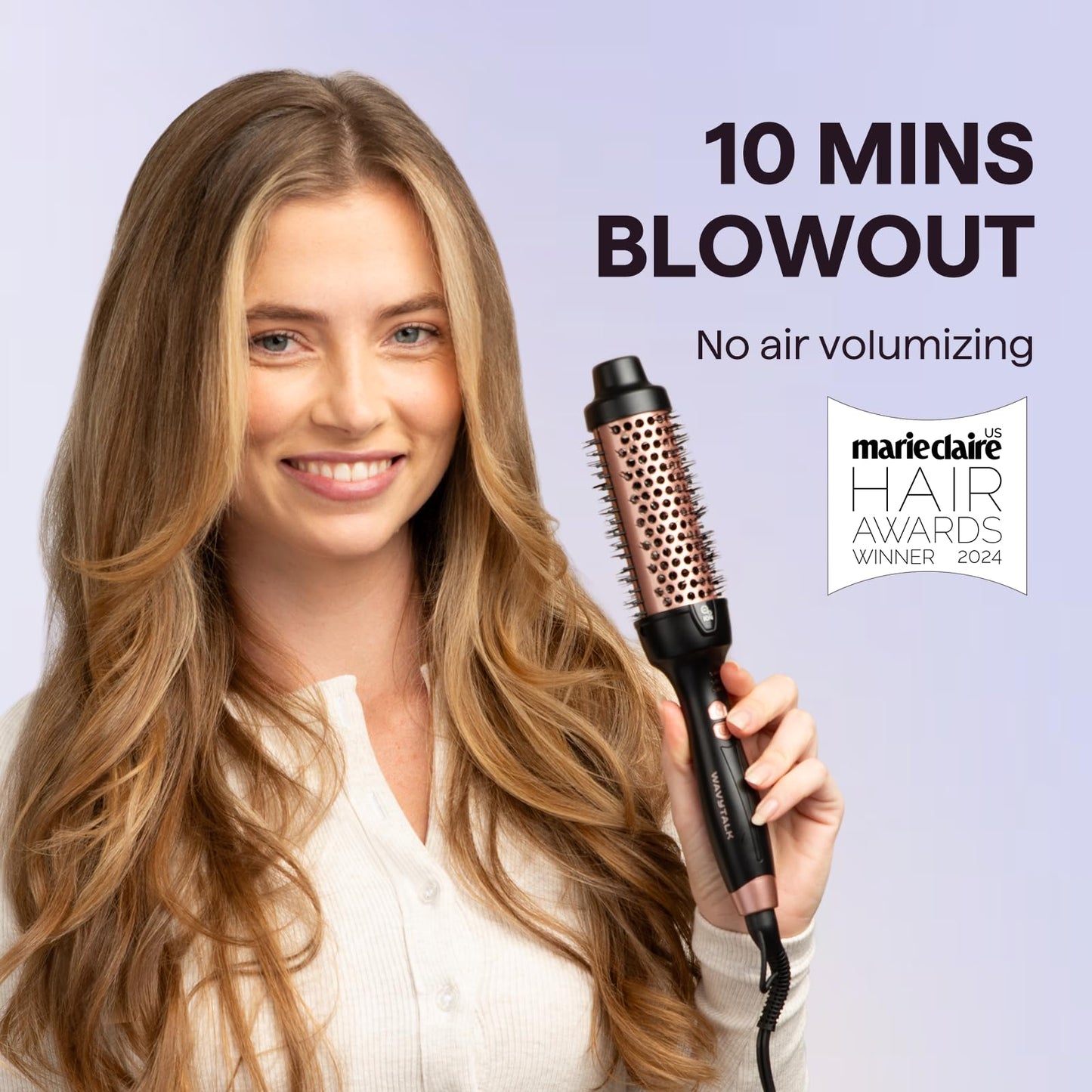 Wavytalk negative ion thermal brush showcasing the dual voltage power handle for travel convenience.