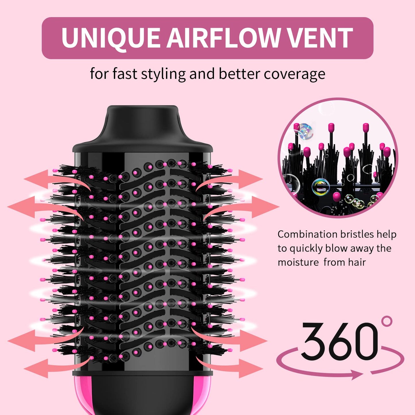 Umeely blow dryer brush angled view highlighting the ergonomic handle and power switch