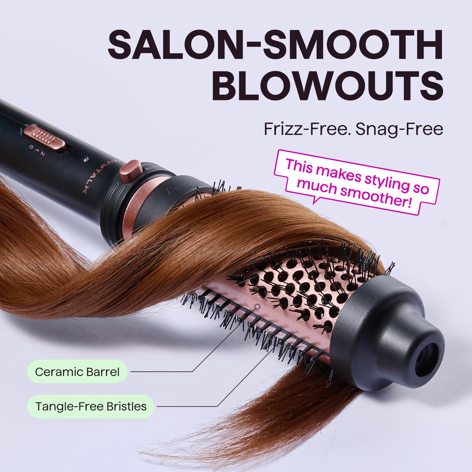 Wavytalk one point five inch styling brush tucked inside the included protective velvet pouch.
