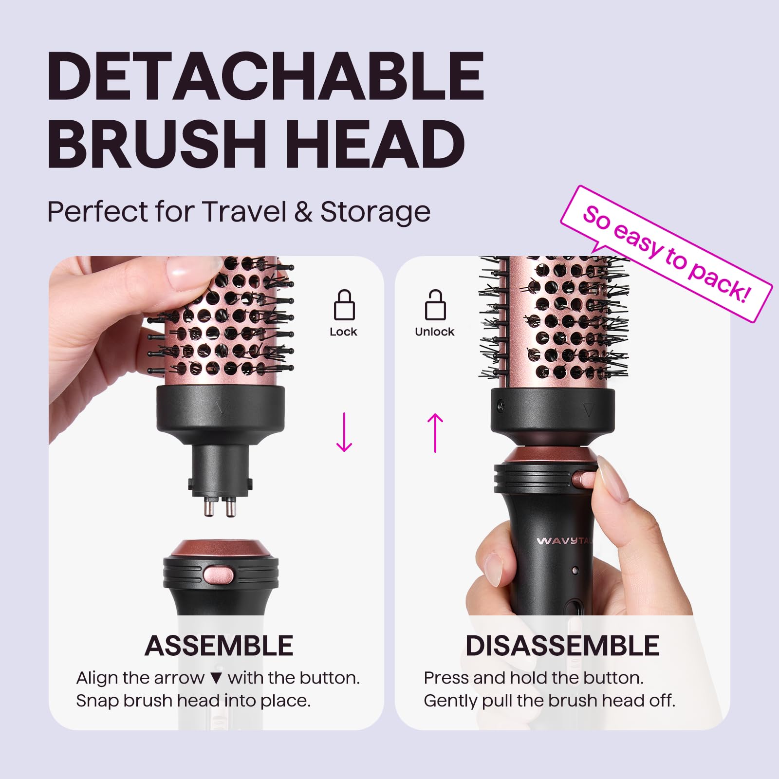 Wavytalk blowout brush displaying the power switch and dual temperature indicator lights.