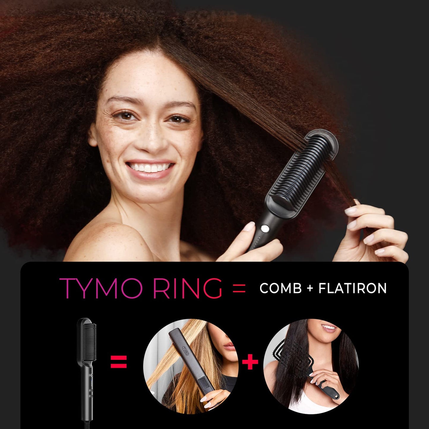 TYMO Ring straightening hot comb side view highlighting the sleek ergonomic handle and temperature controls.