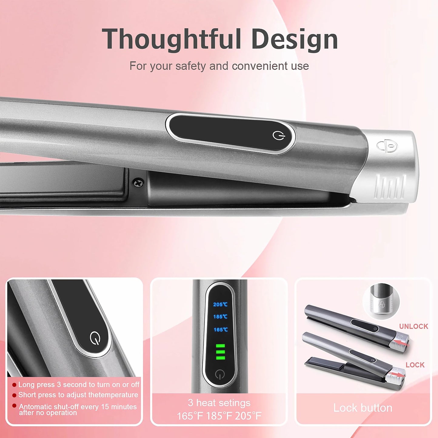 DESIPESI travel hair straightener placed next to its Type-C USB charging cable illustrating global compatibility