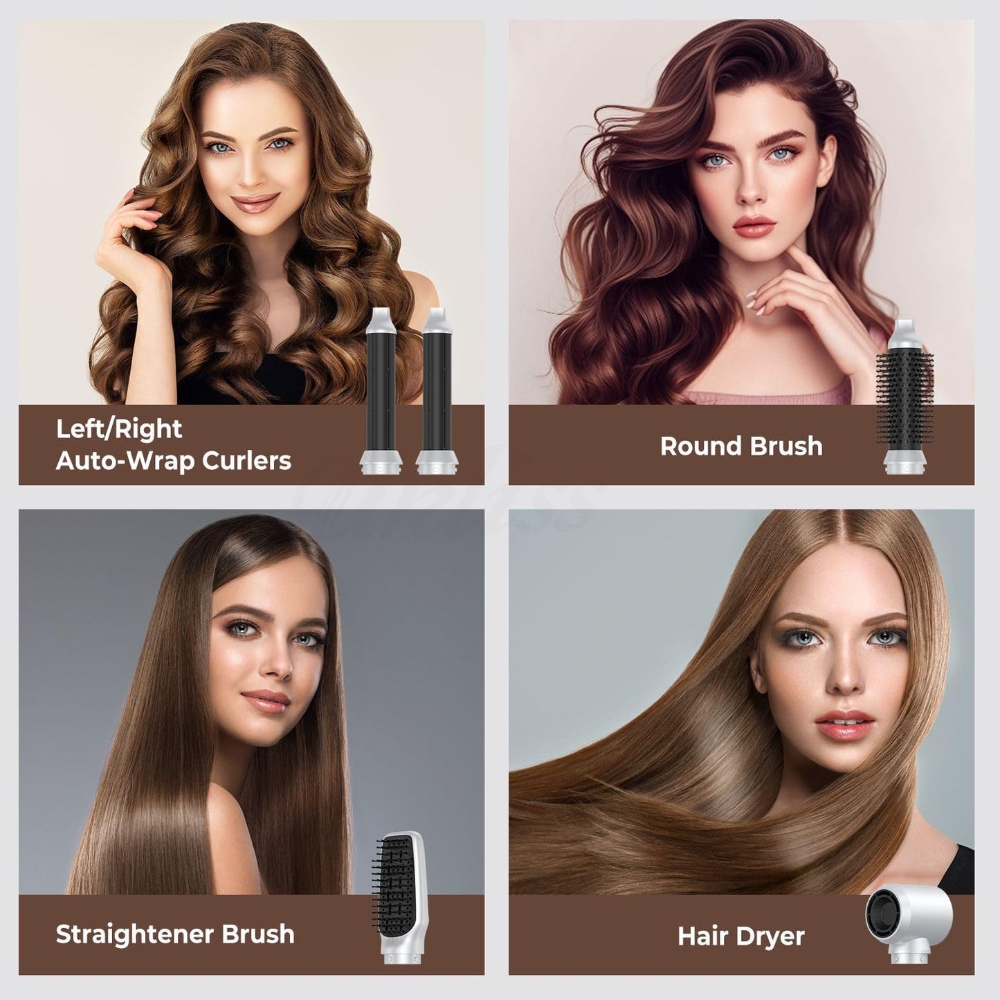 Multifunctional blow dryer brush attachment showcasing the high quality ceramic coating and frizz minimizing negative ion air vents.