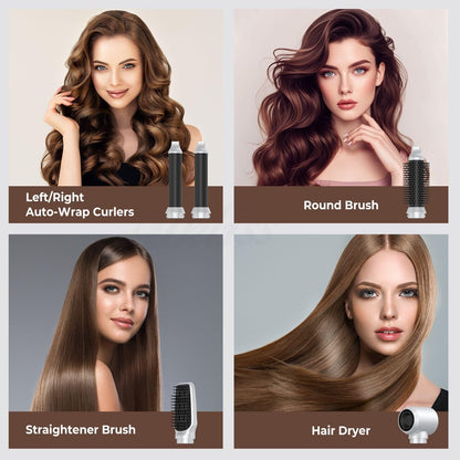 Multifunctional blow dryer brush attachment showcasing the high quality ceramic coating and frizz minimizing negative ion air vents.