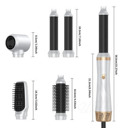 Complete styling kit view of the five in one electric hair dryer showing how the detachable heads easily snap into the main wand.