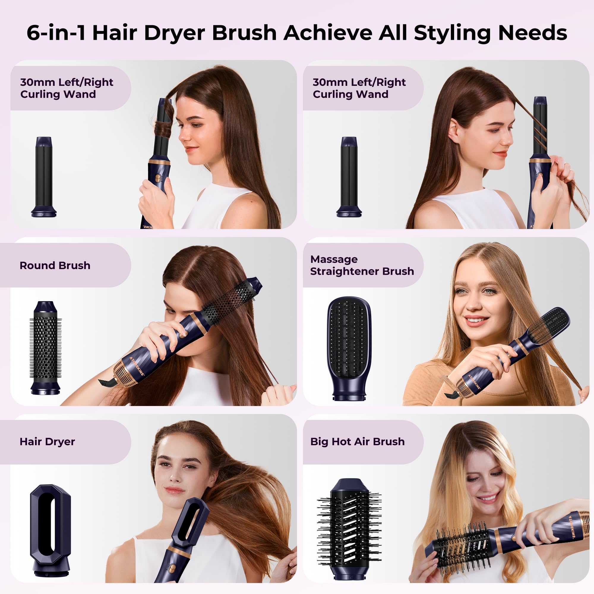 OKWRAP detachable hot air brush kit displayed with all six interchangeable styling accessories for curling and straightening.