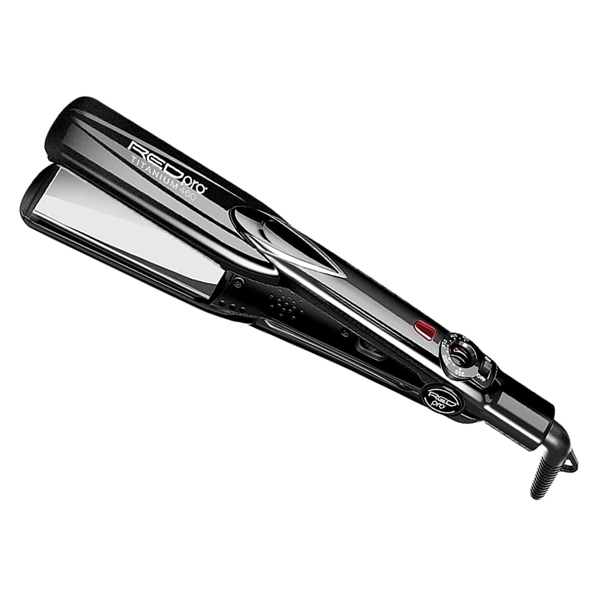 RED Pro professional titanium flat iron angled view highlighting the heavy duty swivel cord