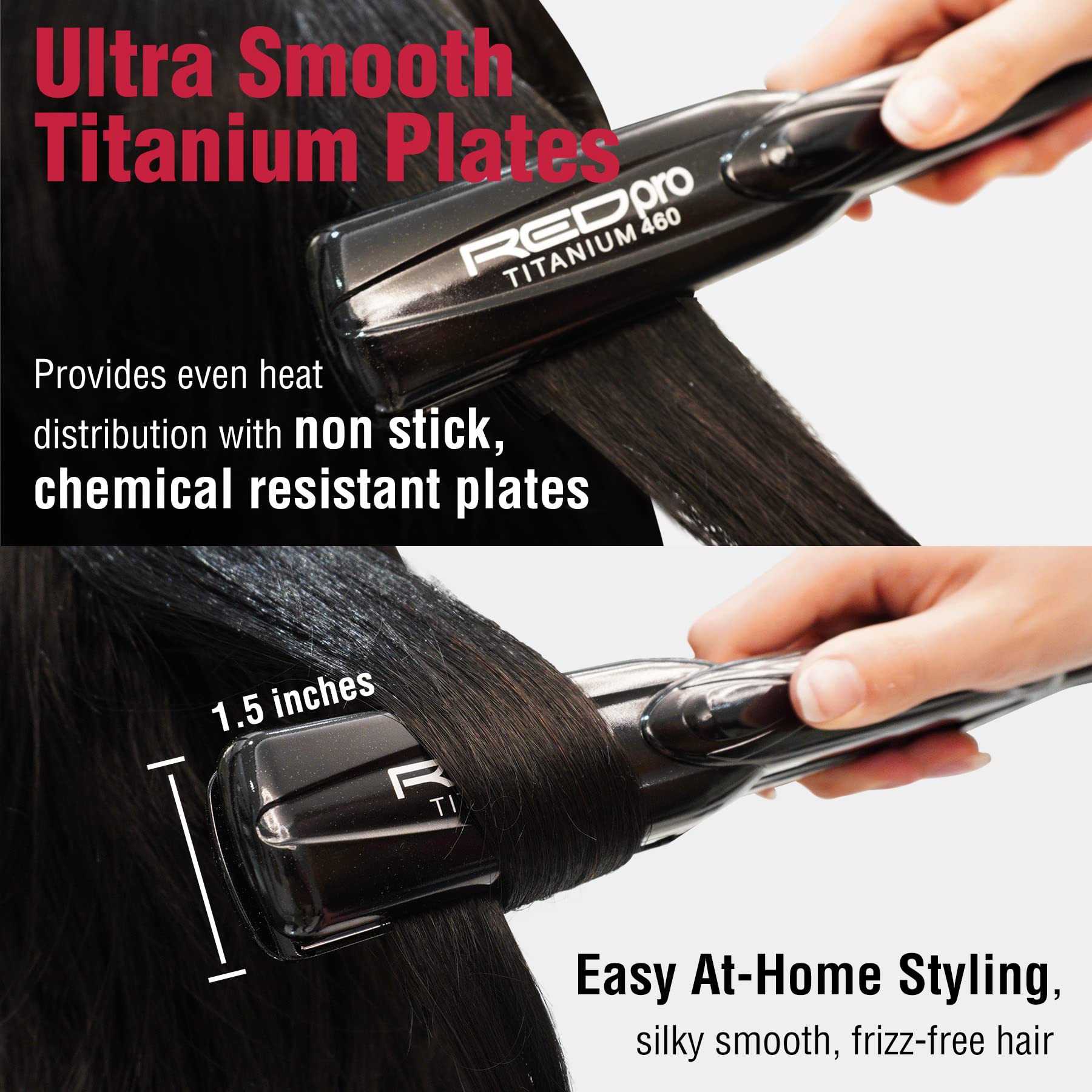 RED Pro 460 degree Fahrenheit flat iron lifestyle view displaying sleek matte black ergonomic handle