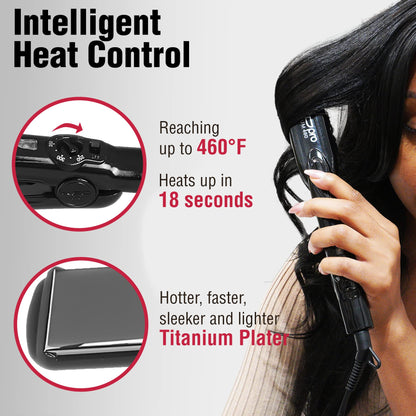 RED Pro high purity titanium hair iron showcasing plate alignment and auto shut off safety feature