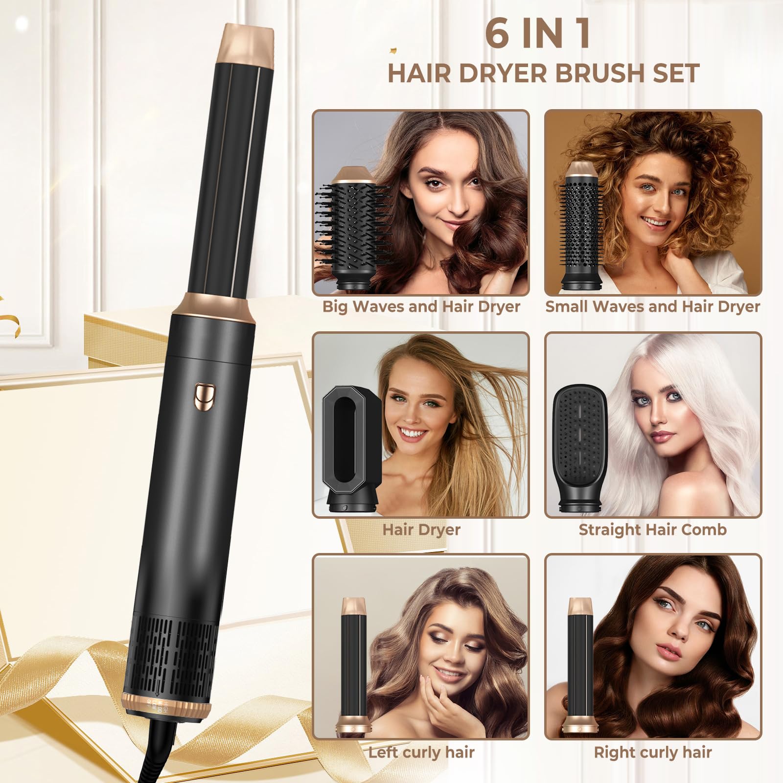 Yitrust ionic hot air brush showcasing the left and right autowrap curling wand attachments for bouncy curls.