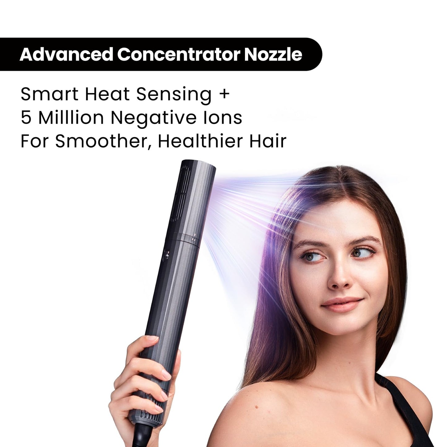 GLAMUP volumizer and round brush attachments arranged neatly next to the hot air styler.