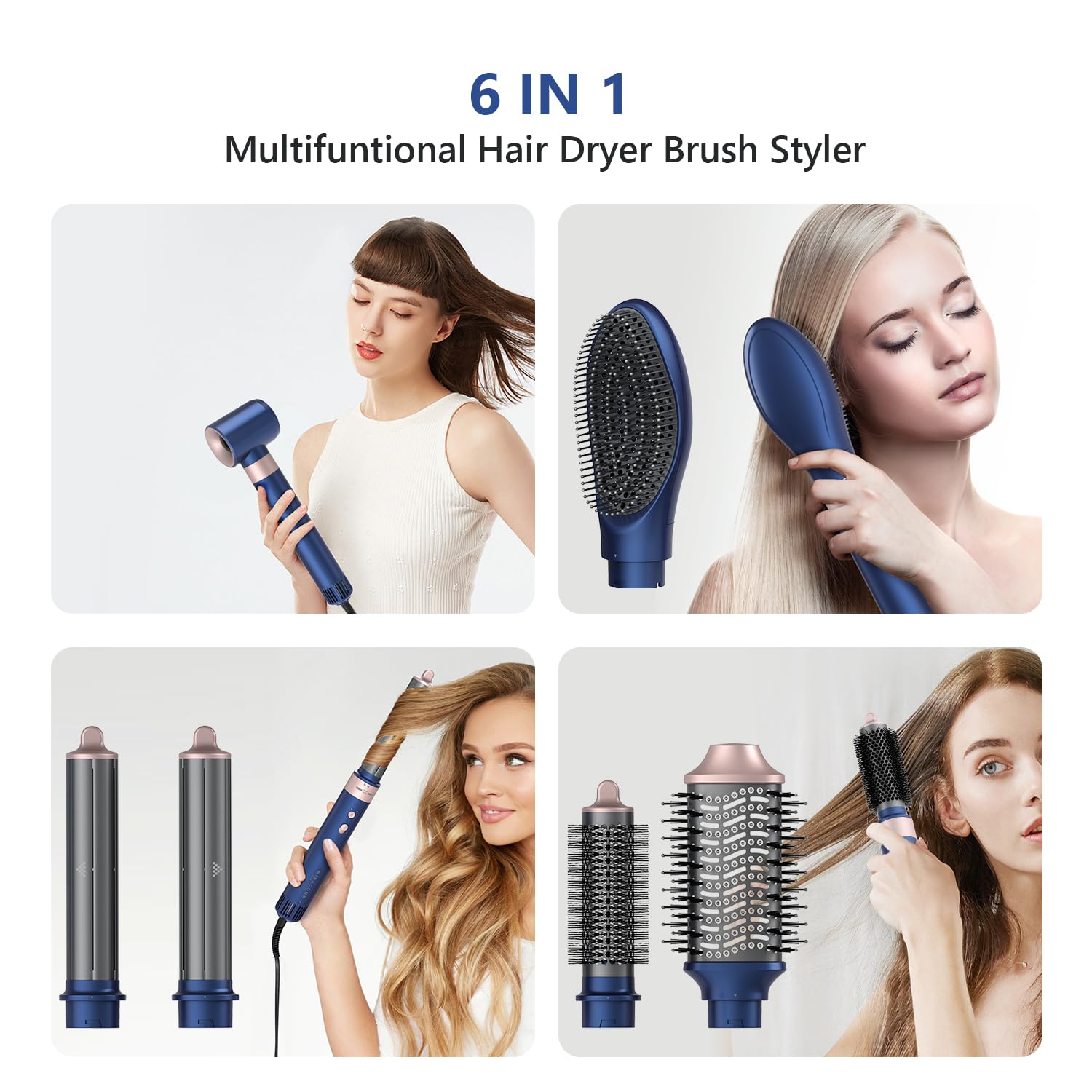 Miracomb professional hair dryer brush displayed with all six interchangeable styling attachments.