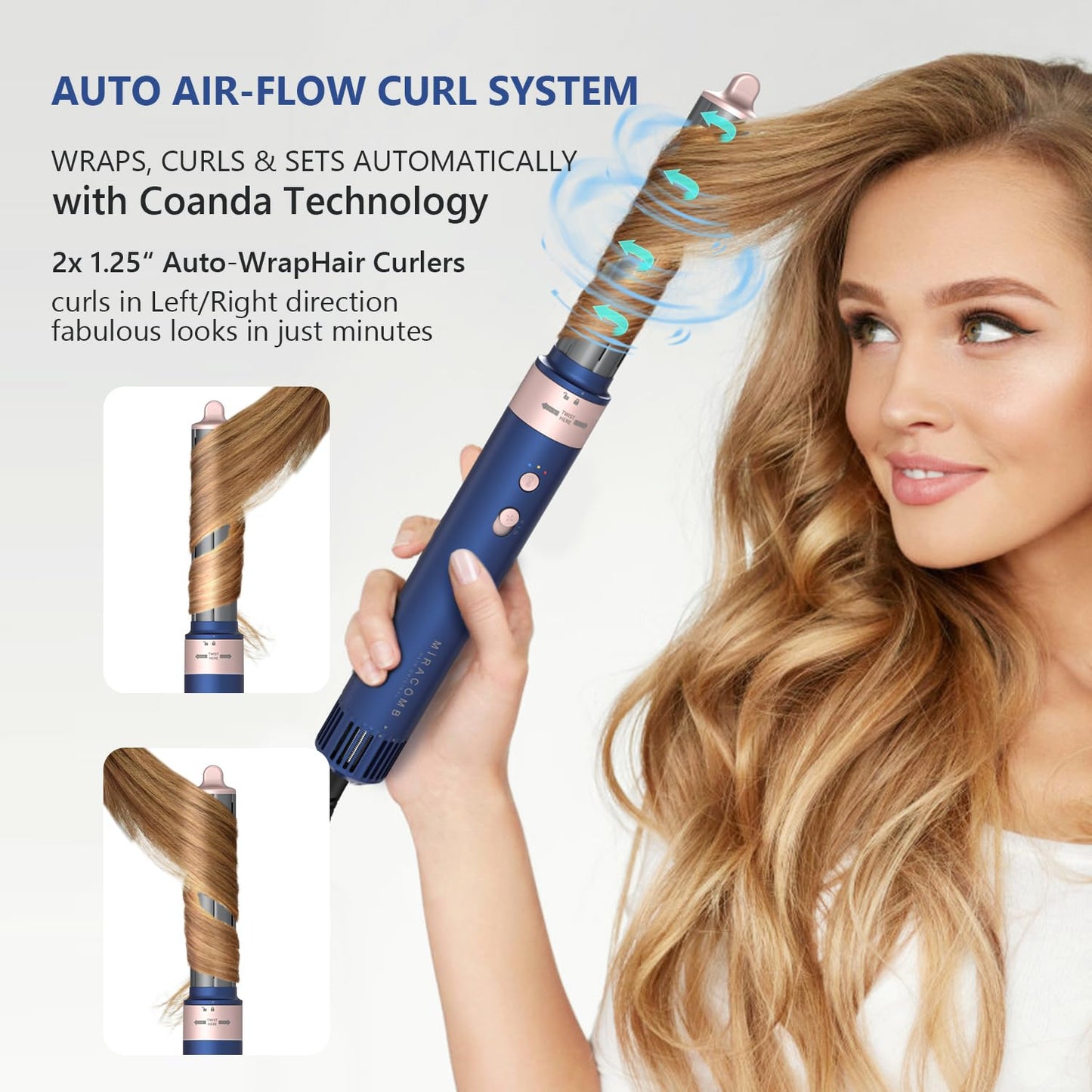 Close-up of the Miracomb auto wrap curlers showing the directional airflow barrels for effortless waves.