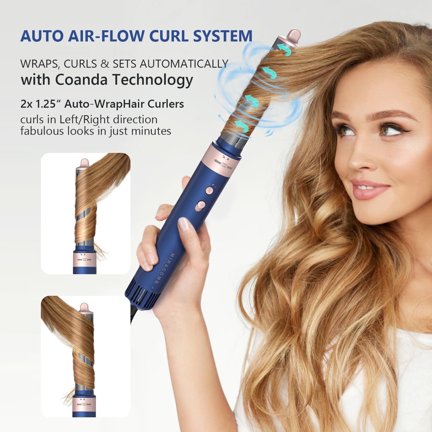 Close-up of the Miracomb auto wrap curlers showing the directional airflow barrels for effortless waves.