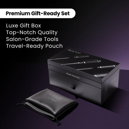 Full collection overview of the GLAMUP 6 in 1 hot air styler with all six included professional salon attachments.