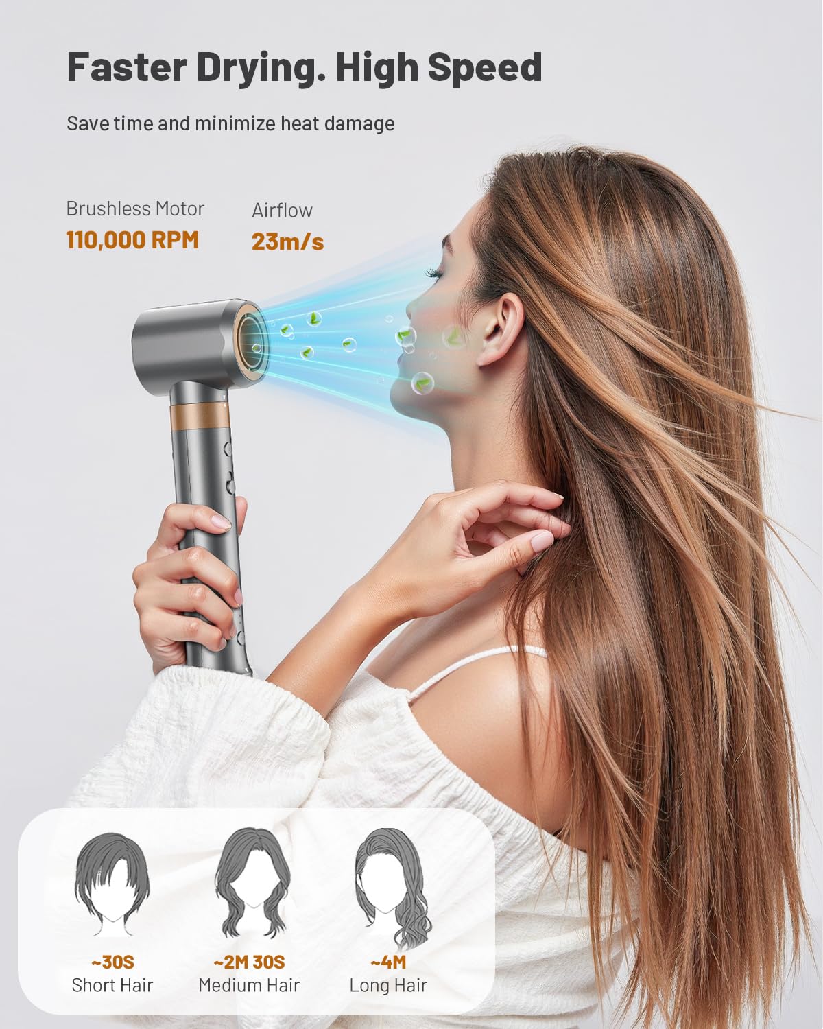 HITTIONA hair dryer brush control interface showing the heat and wind speed buttons.