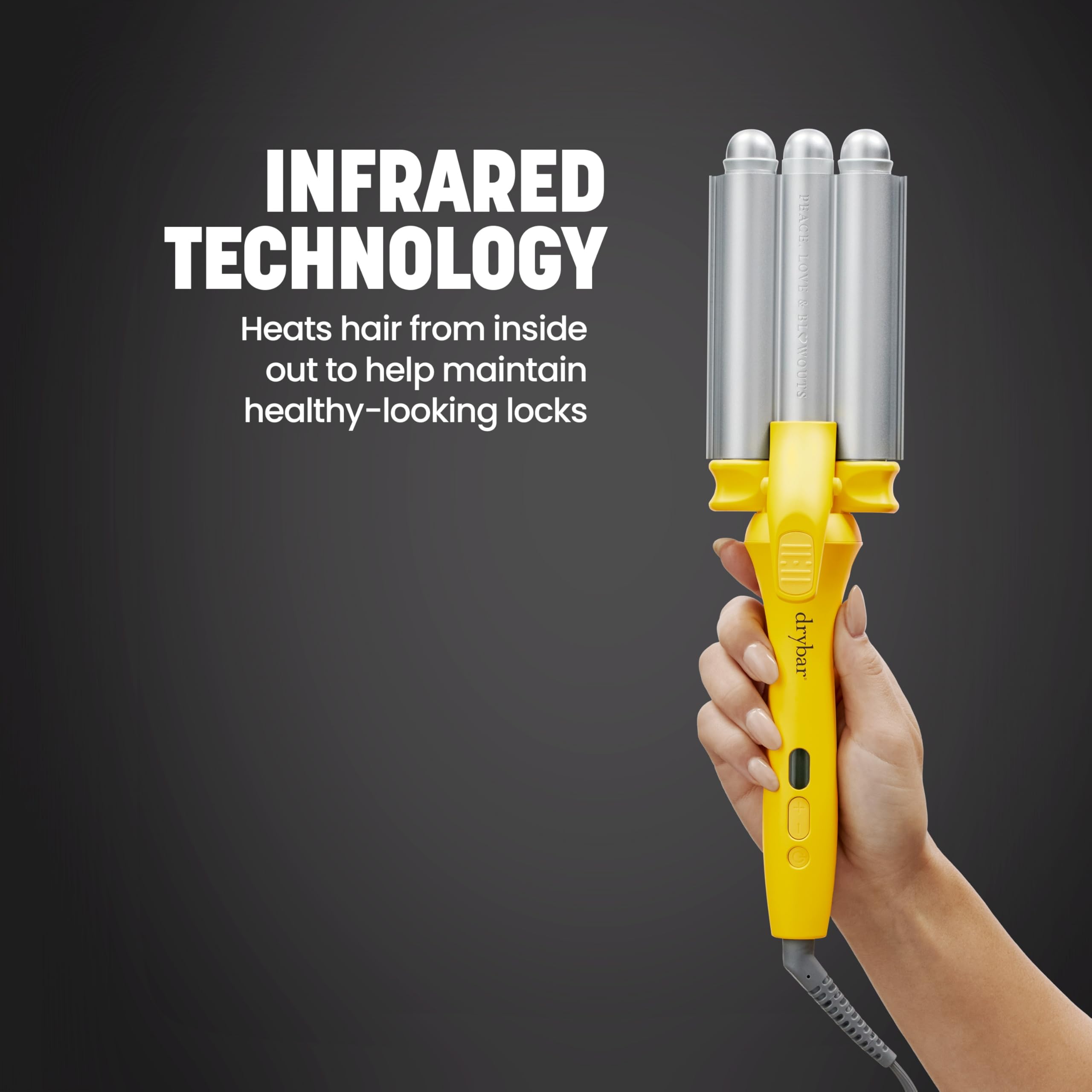 Drybar modular curling wand and waver kit front view displaying digital temperature controls
