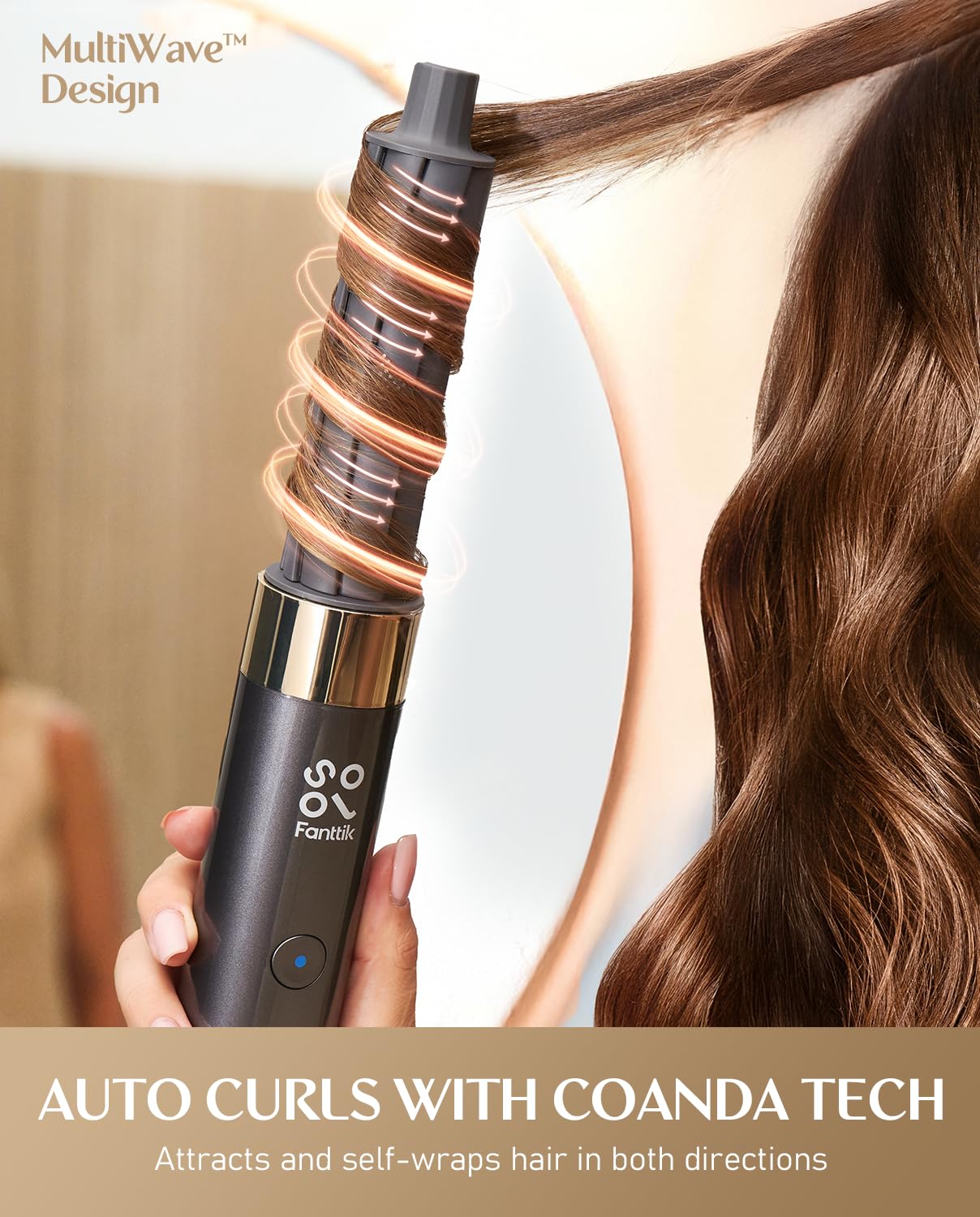 Fanttik Solo 6 in 1 hair dryer brush displaying the premium auto wrap curling barrels designed for effortless bi-directional curls