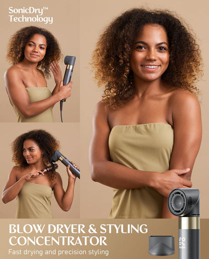 Fanttik Solo AirWave auto wrap styler showing the complete six piece attachment set including the smoothing brush and concentrator